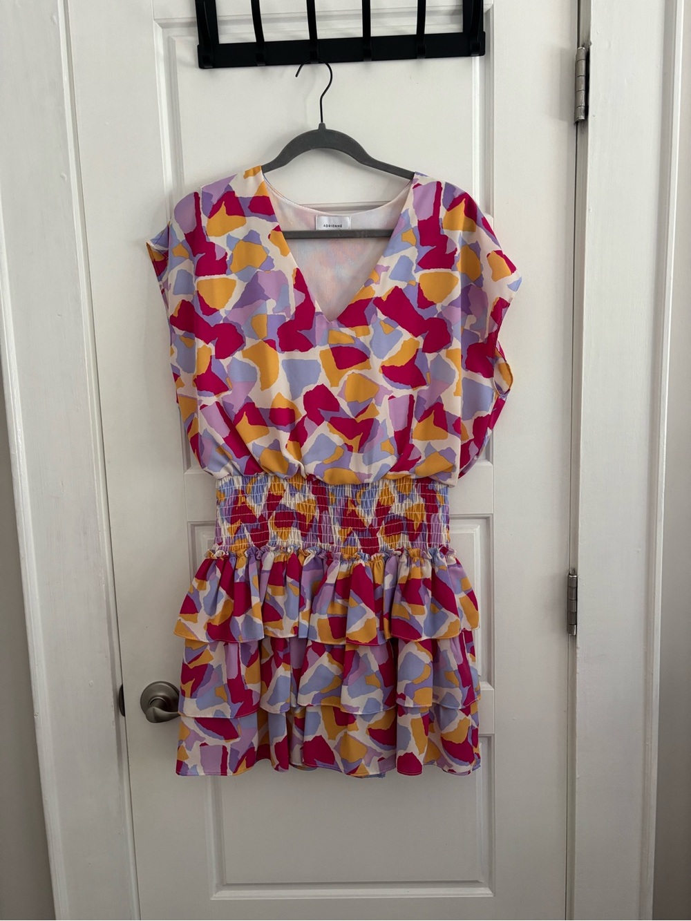 Adrienne V-Neck Tiered Mini Dress in Pink, Purple & Yellow